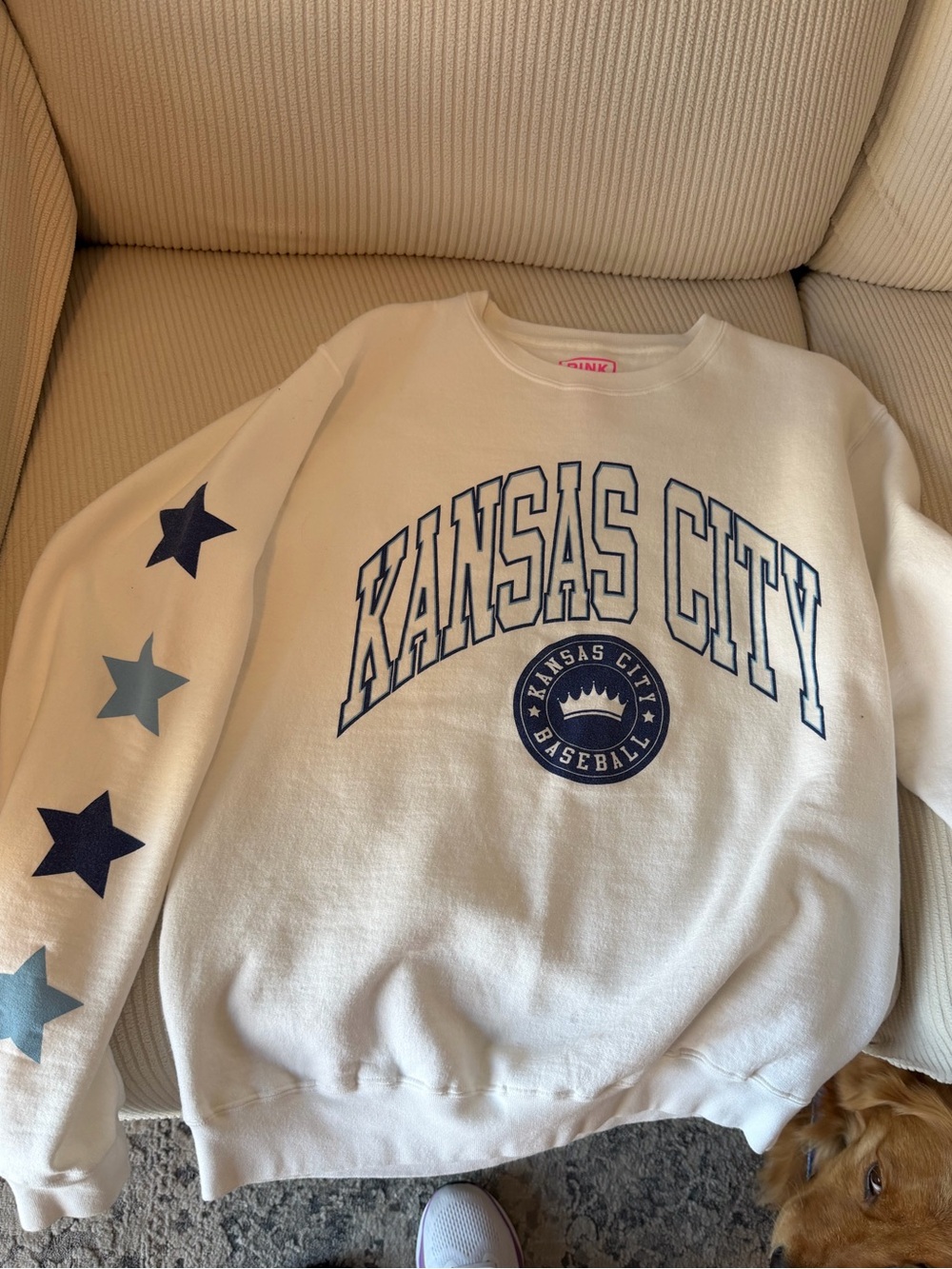 Kansas City Baseball Cream Sweatshirt with Navy Stars- Pink Dinosaur